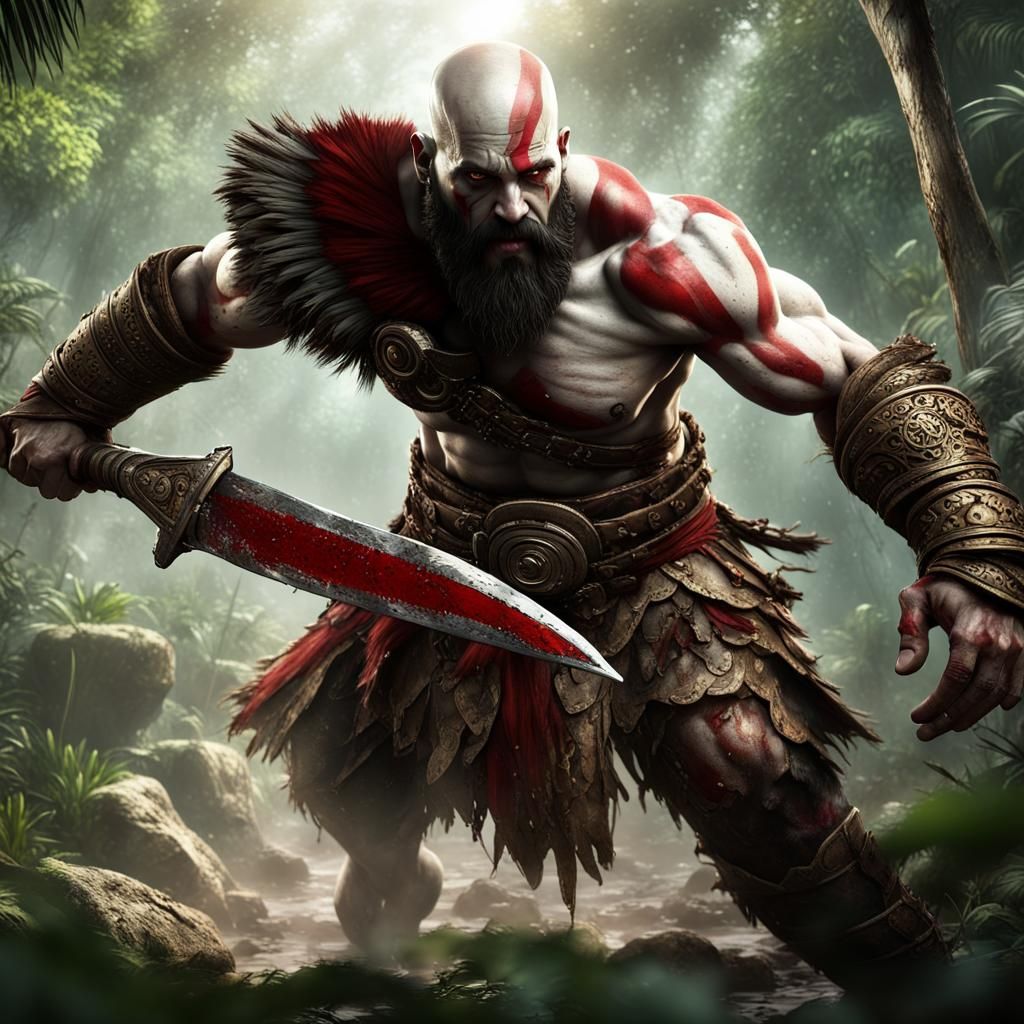 Kratos Battles in Mayan Jungle Concept Art