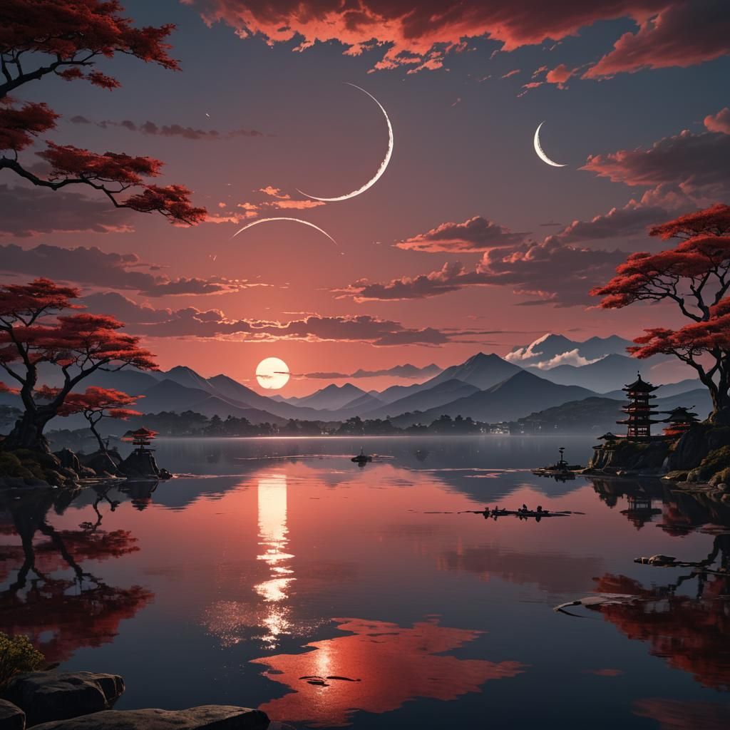 Japanese Lake Sunset with Crescent Moon: Fantasy Art