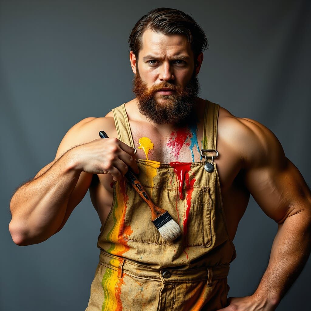 Muscular Artist Clad in Paint-Splattered Overalls