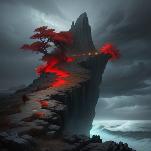 Determined Woman on Cliff Overlooking Stormy Sea