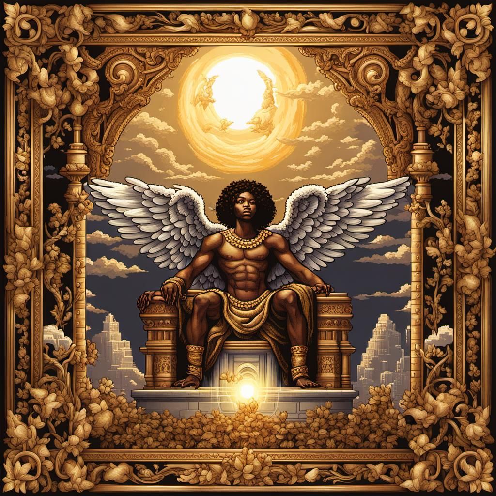 Baroque Frame: Pixel Art Angel in Mythological Scene