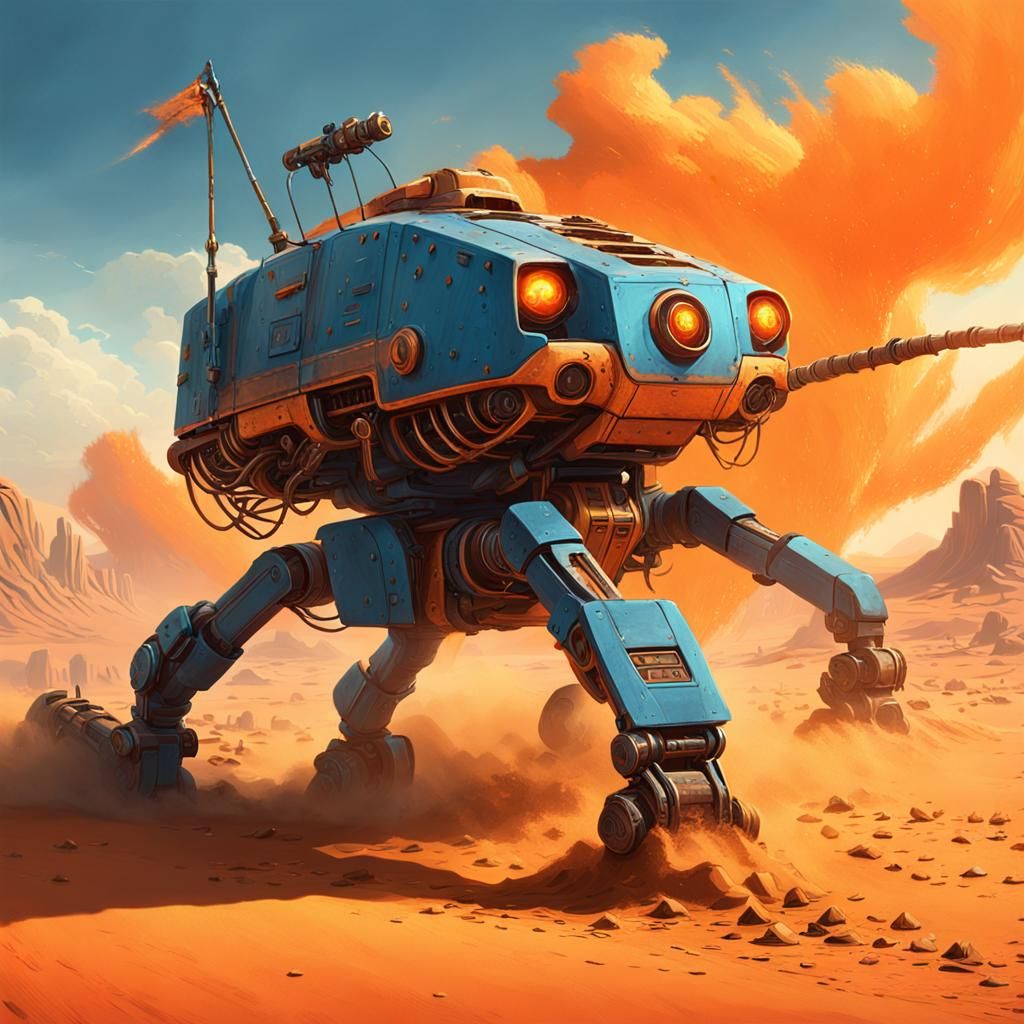 Sandstorm Scythe Robot Charging, Matte Painting Style