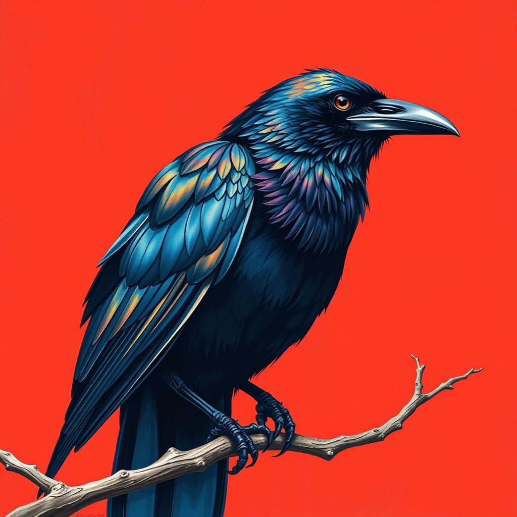 Metallic Raven Gouache Painting on Vermillion Background