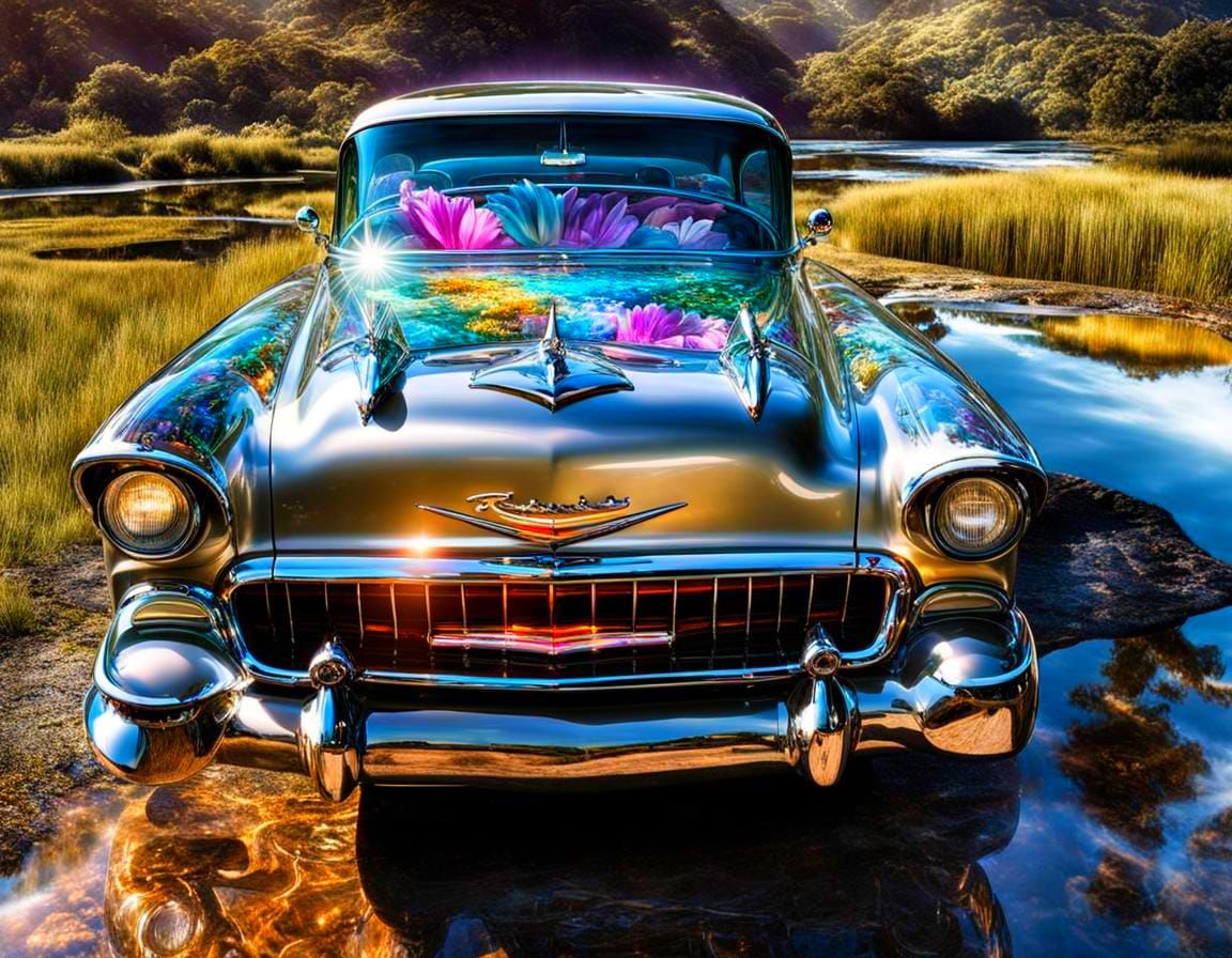 Transparent 1956 Chevy Dreamscape in Glitchcore Style