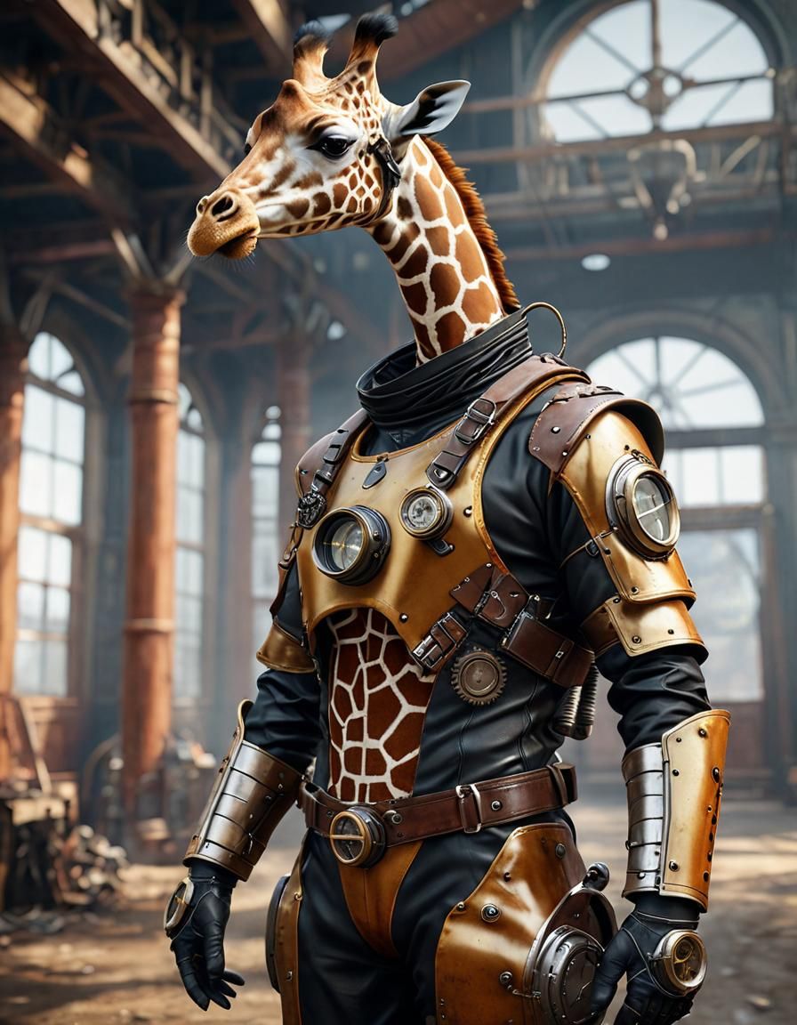 Steampunk Giraffe in Air Suit: Hyperrealistic Digital Art
