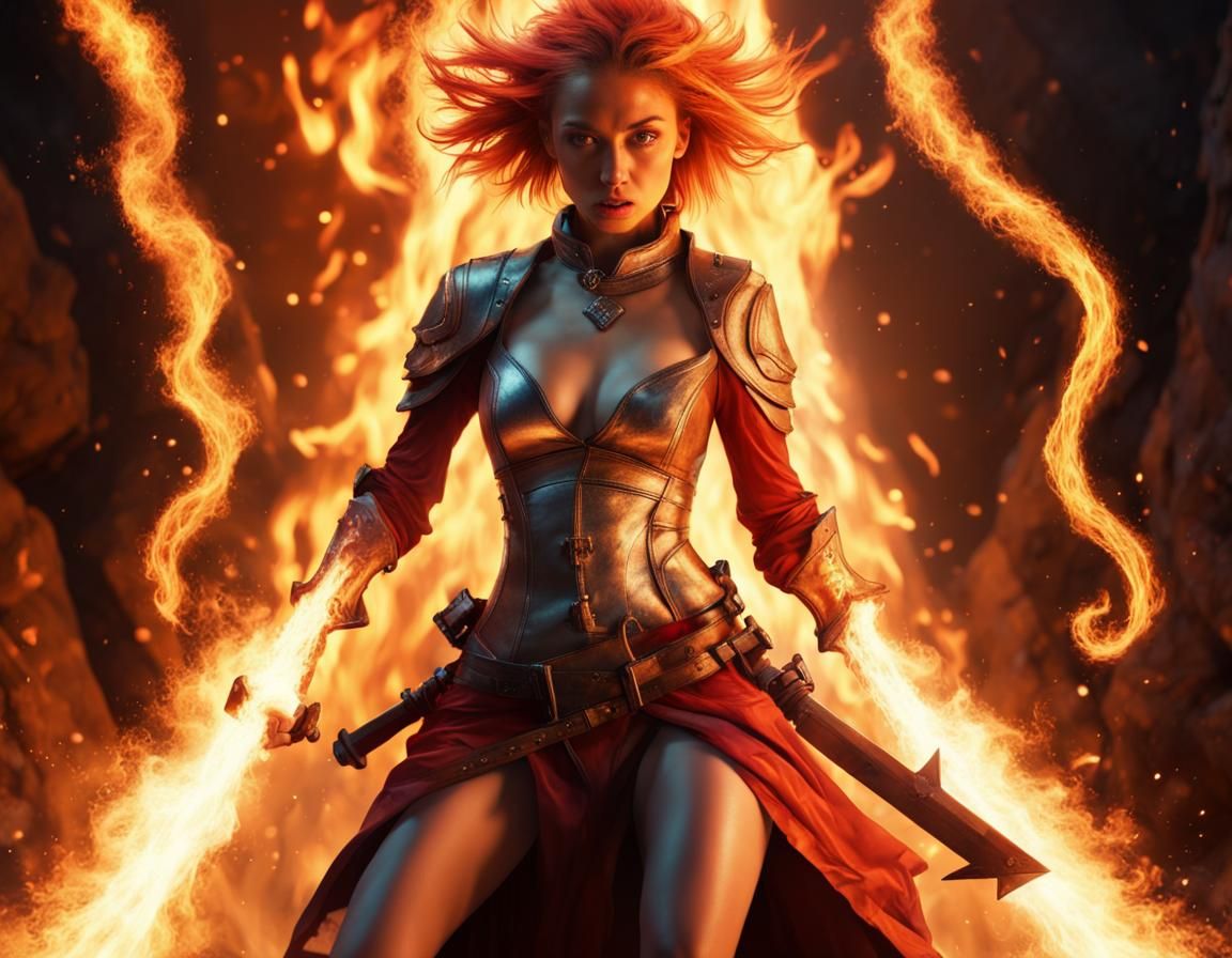 Fiery Girl with Flaming Sword in Cavern