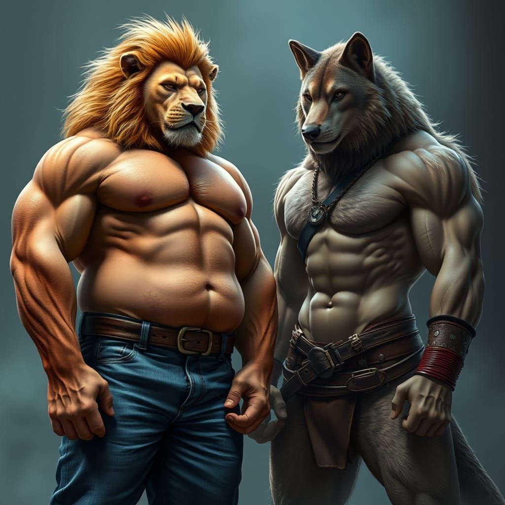 Potbellied Lion Bodybuilder with Wolf Friend, Atmospheric Li...