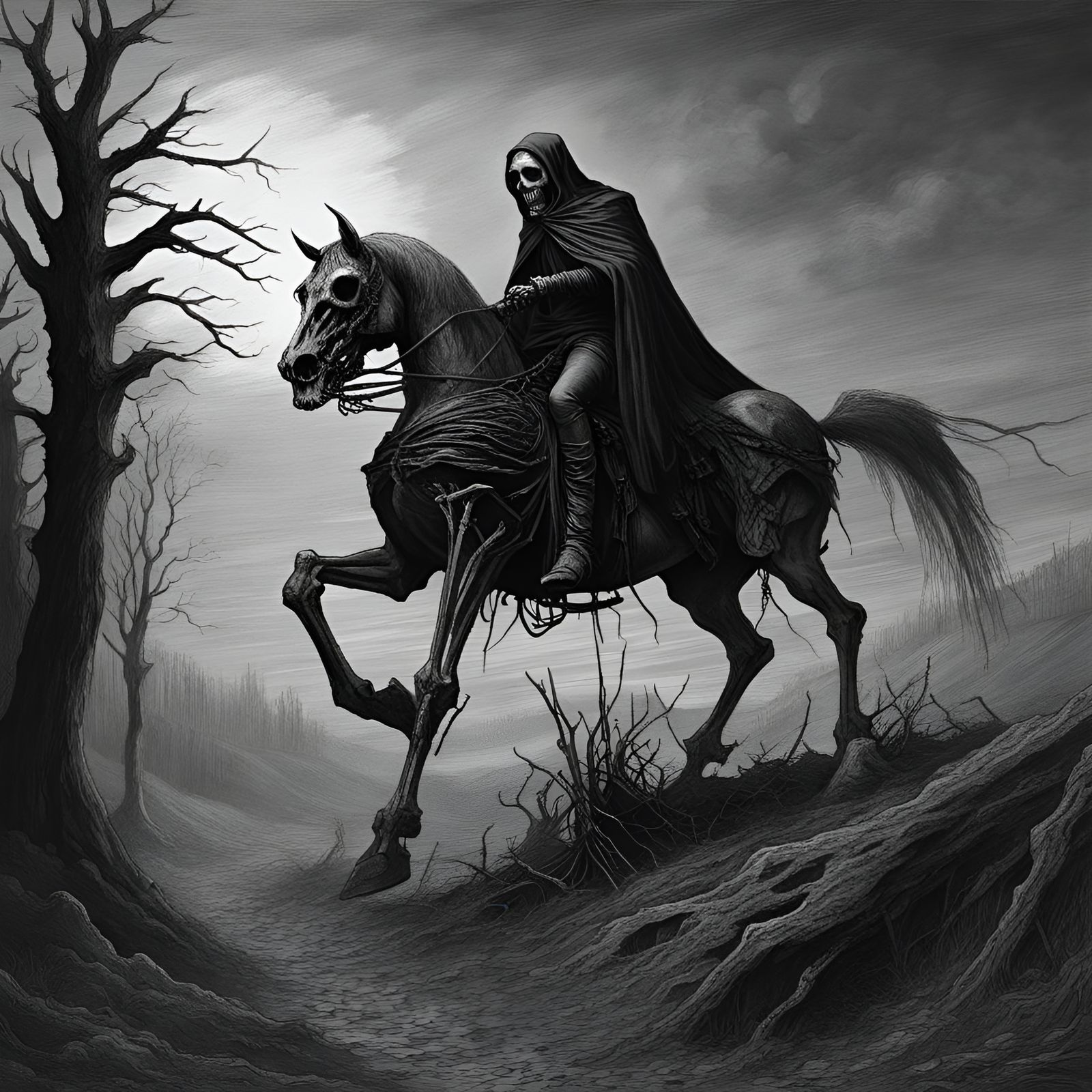 Death Rides a Skeleton Horse in Eerie Black and White
