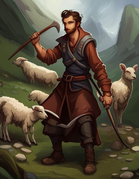 Human Shepherd with Sheep, D&D Style Illustration