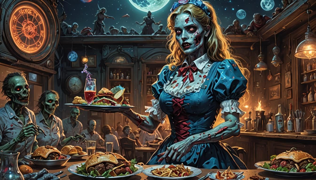Zombie Waitress Pinup in Holographic Horror Style