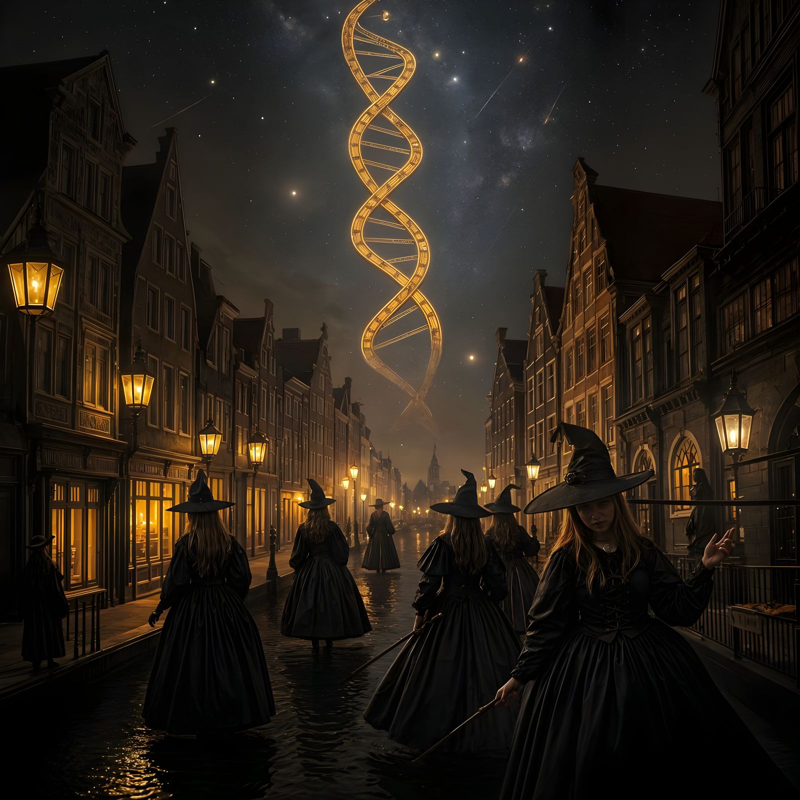 Golden Age Witches in Amsterdam's Moonlit Canals