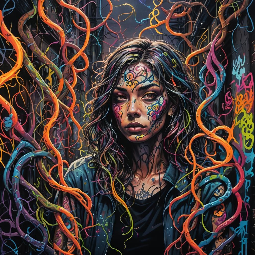 Gritty Graffiti Art of Tattooed Figure in Alleyway