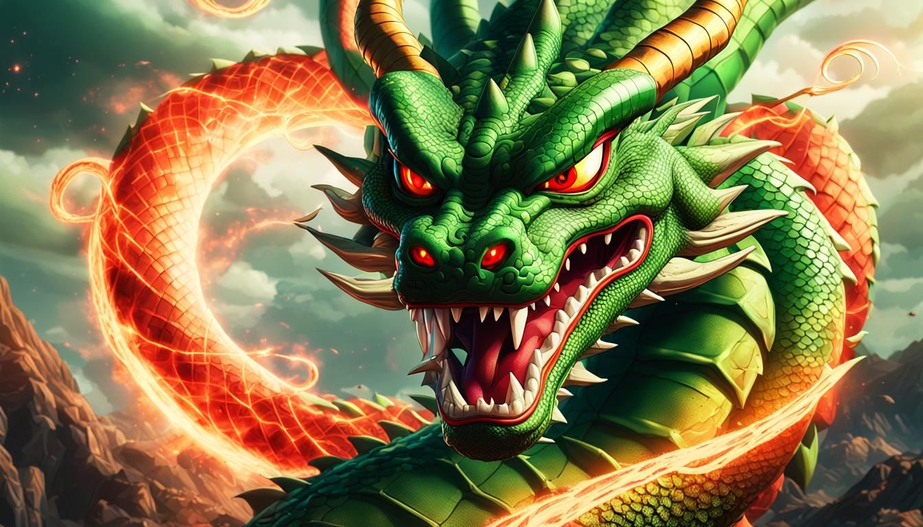 Shenron: Green Dragon with Red Eyes, Detailed 8K Art