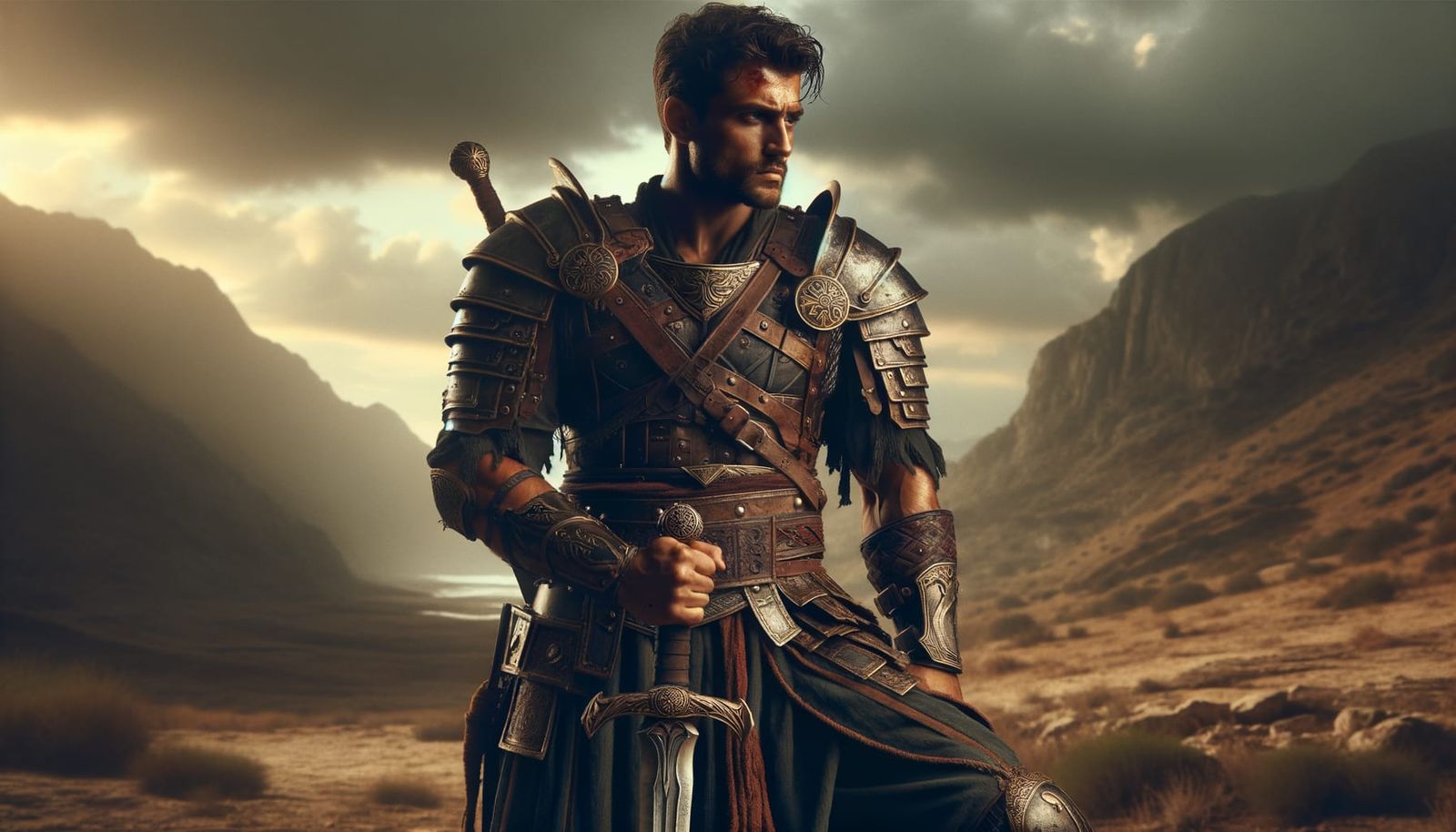 Heroic Middle Eastern Warrior in Rugged Wilderness