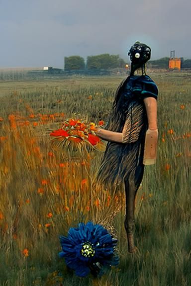Girl in Flower Field in Beksinski Style