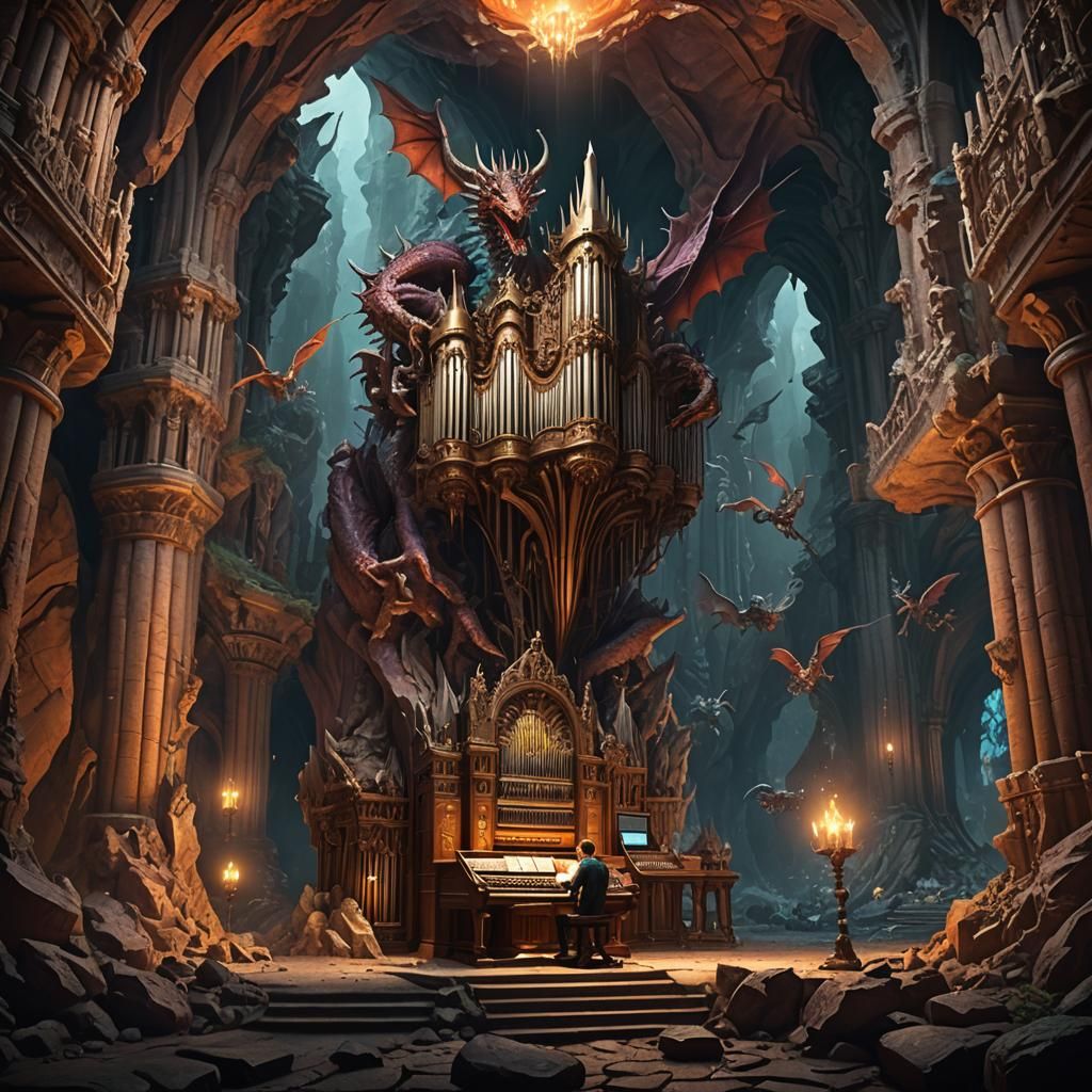 Musician and Dragons in Underground Cave