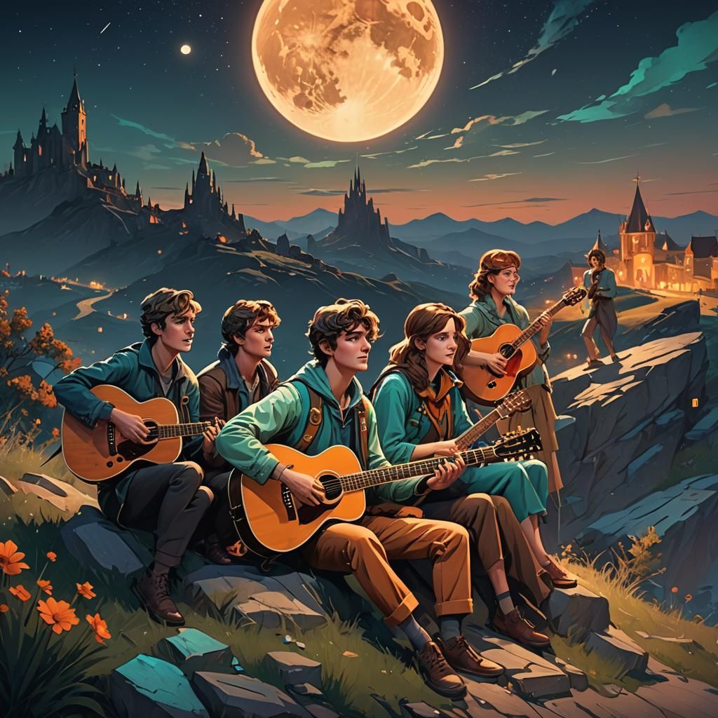 Teenagers Sing on Hill Under Moonlit Sky