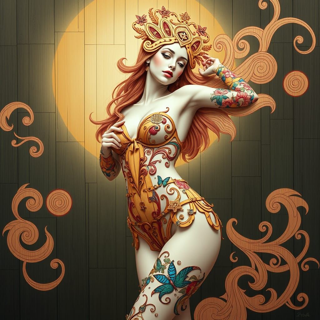 Goddess in Wooden Bikini, Swirling Art Style