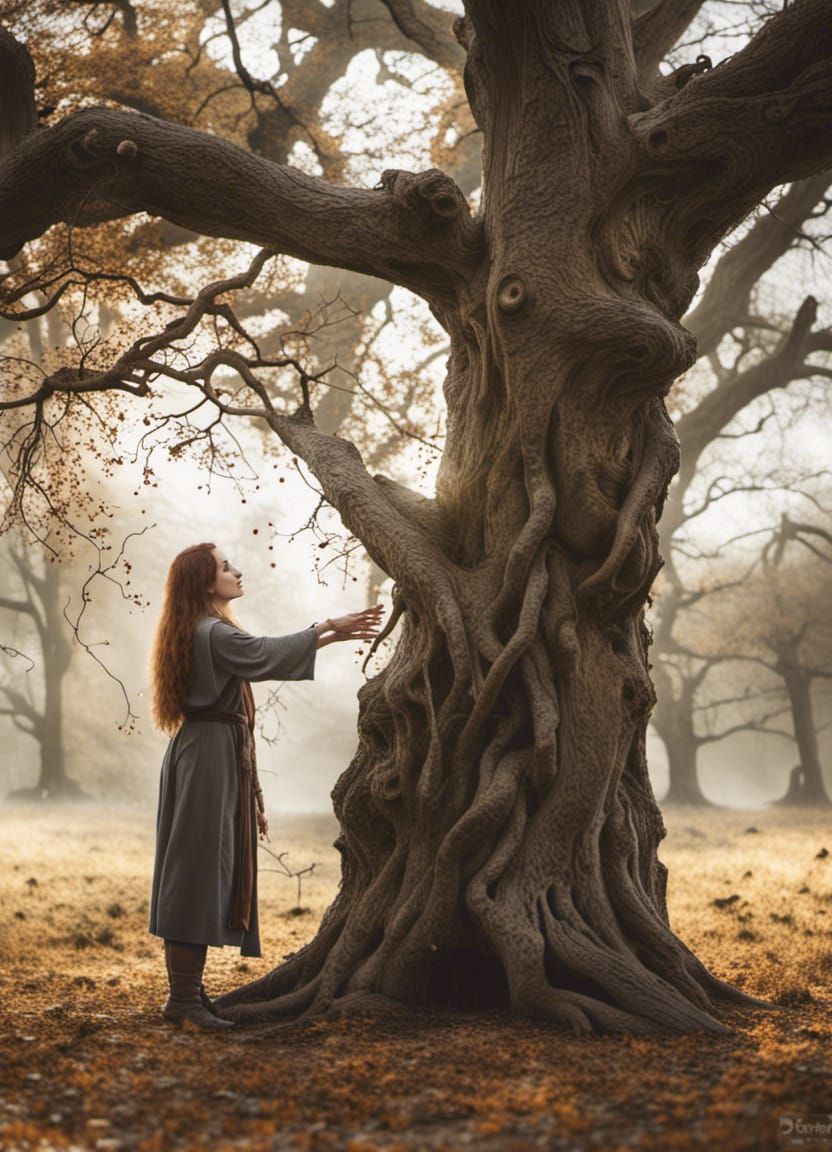 Druid Heals Dying Oak Tree with Magic