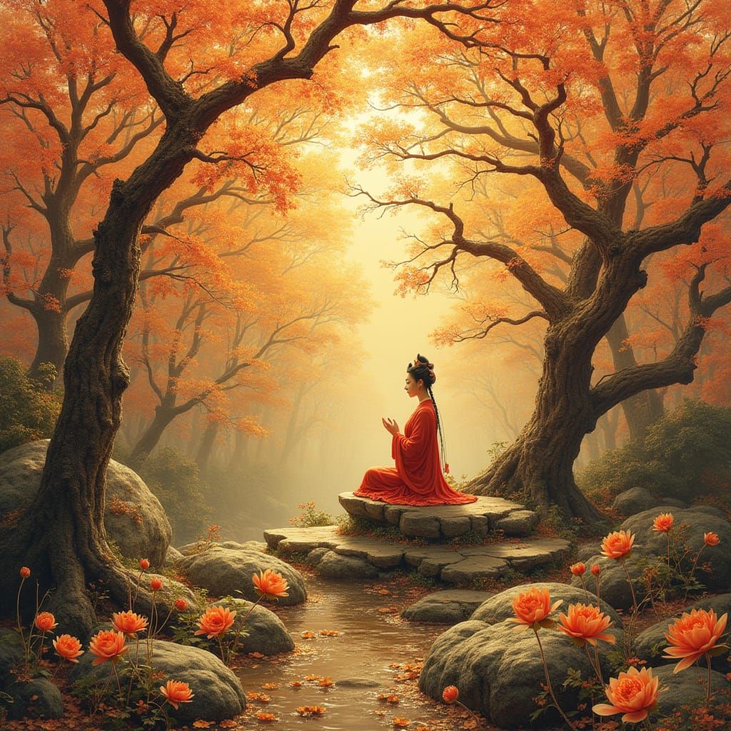 Golden Goddess Amidst Postmodern Blossom Tree