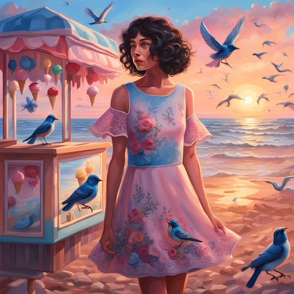 Woman in Pink Dress on Beach at Sunset