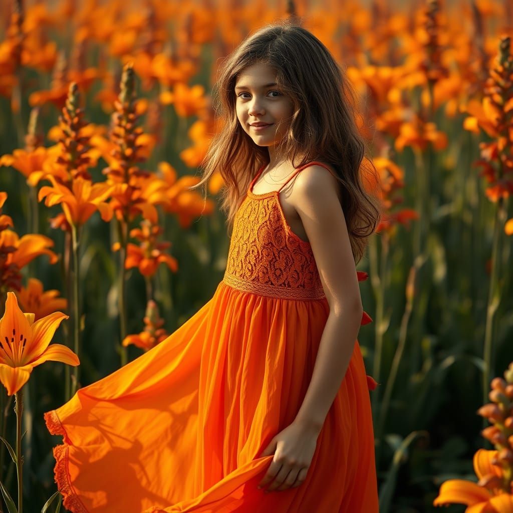 Girl in Orange Dress in Field of Lilies