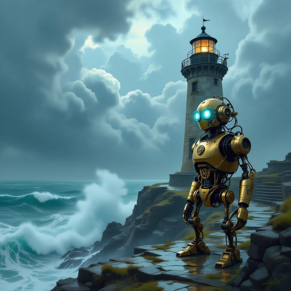 Automaton Watches Stormy Sea from Cliffside Lighthouse