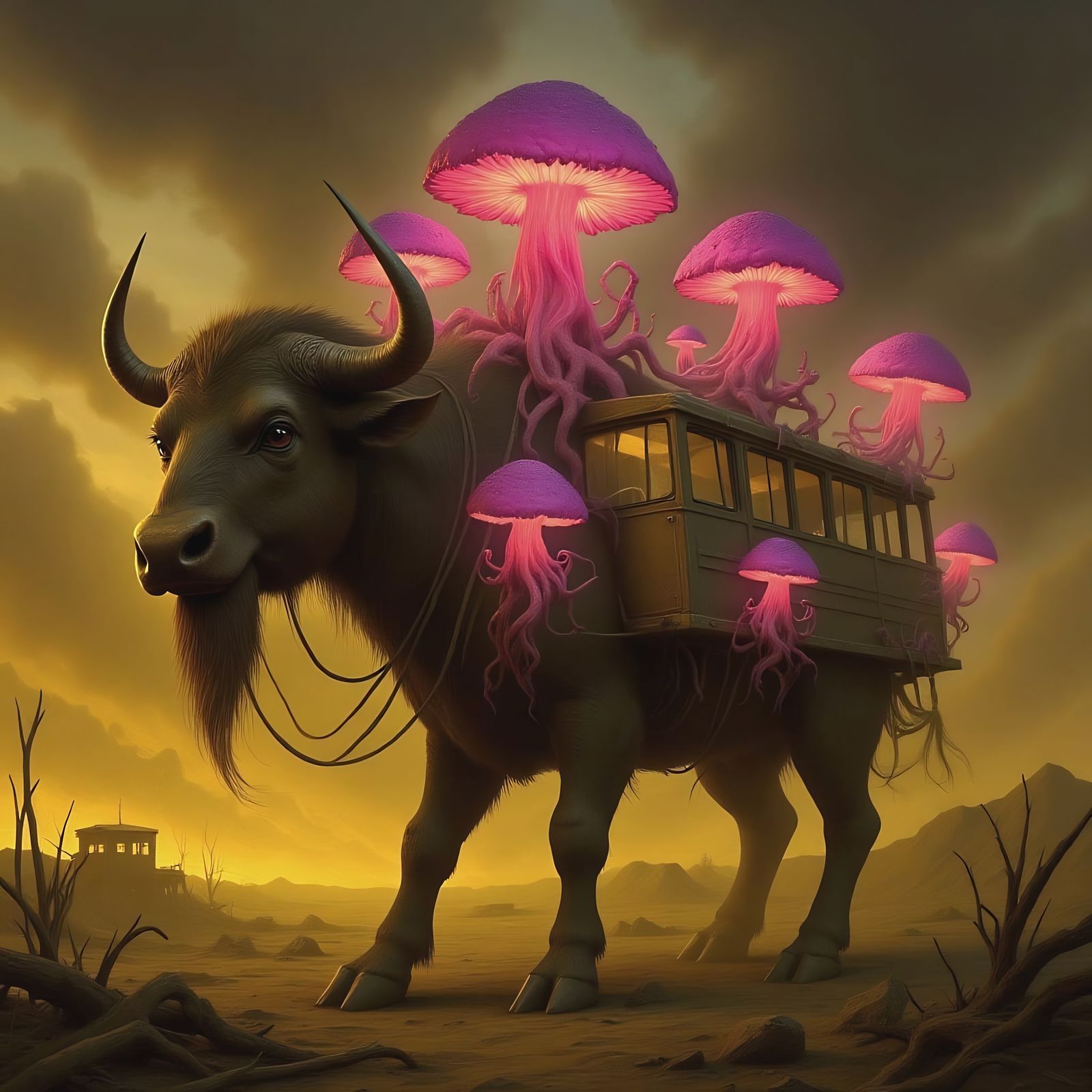 Colossal Buffalo with Fungal Bus in Apocalyptic Wasteland