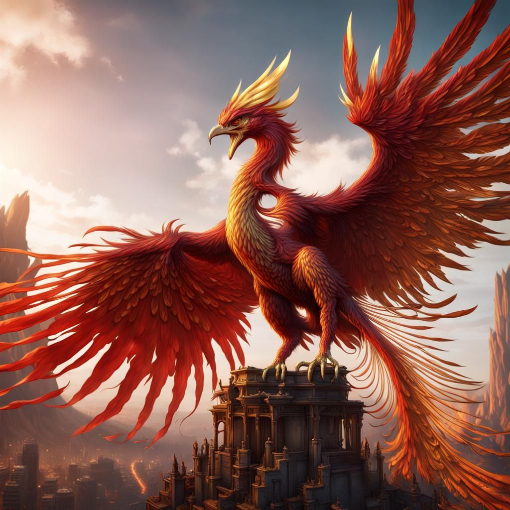 Majestic Red and Gold Phoenix Fantasy Art