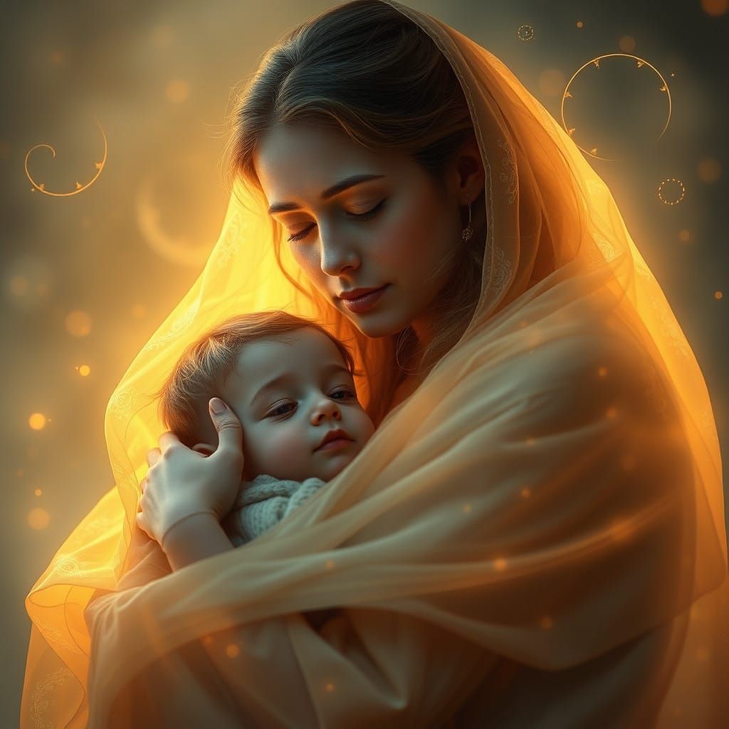 Mother and Child Embraced in Soft Golden Light
