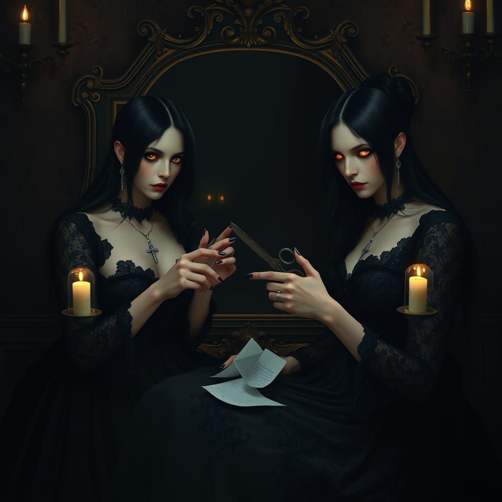Gothic Woman's Despair in Front of a Haunting Mirror