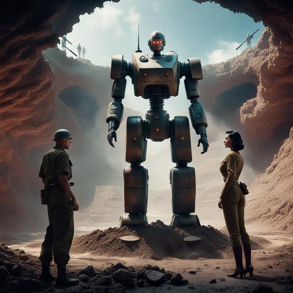 Robot Woman Oversees Soldiers in War Pit, Digital Art