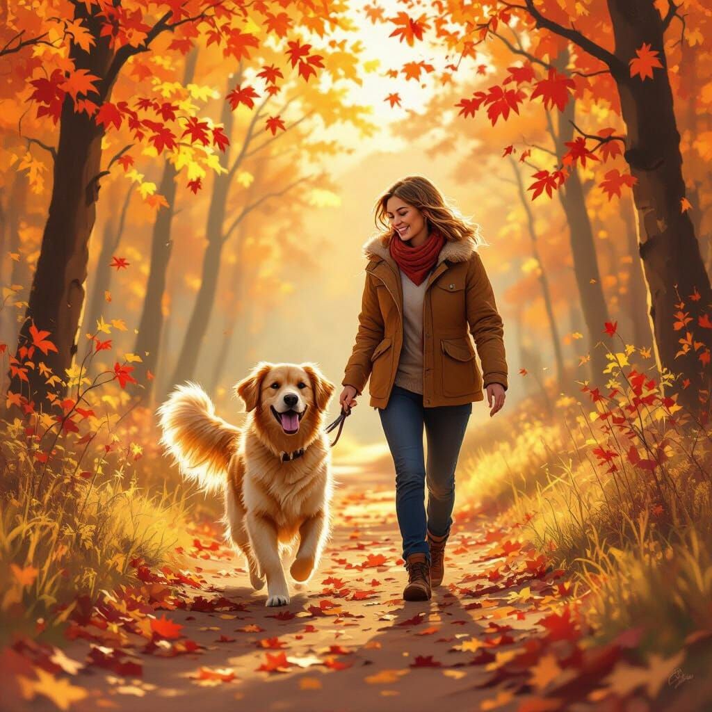 Joyful Golden Retriever and Owner in Autumn Forest