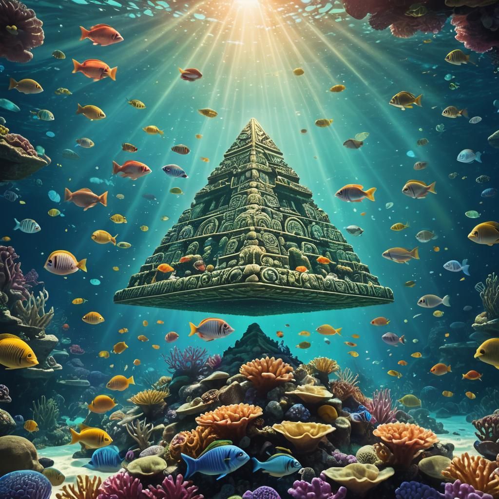 Underwater Aztec Pyramid in Iridescent Digital Art