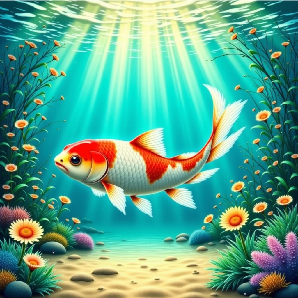 Serene Koi Fish in Vibrant Underwater Garden