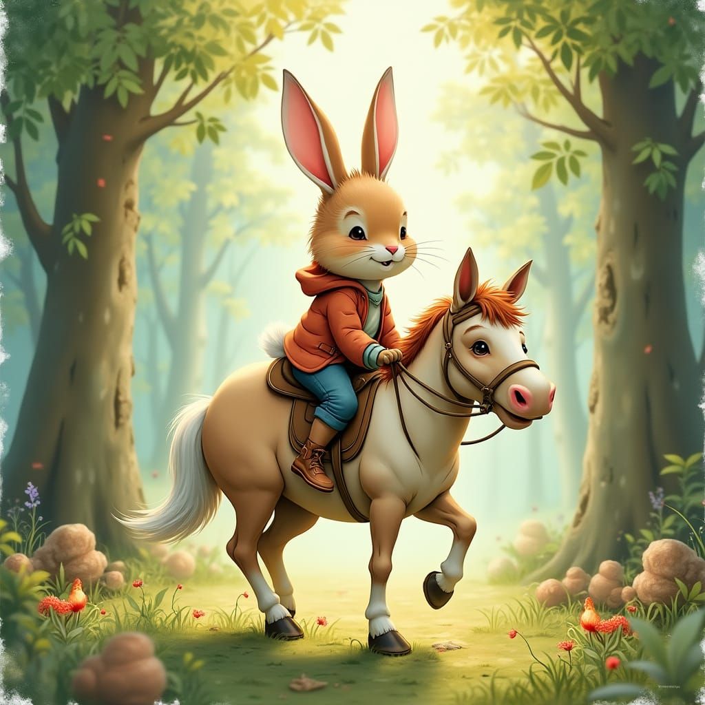 Whimsical Bunny on a Horse in a Forest