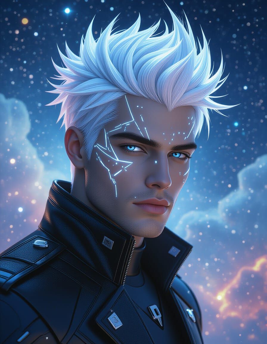 Futuristic Geometric Hair in Cosmic Nebula, Hyperrealism