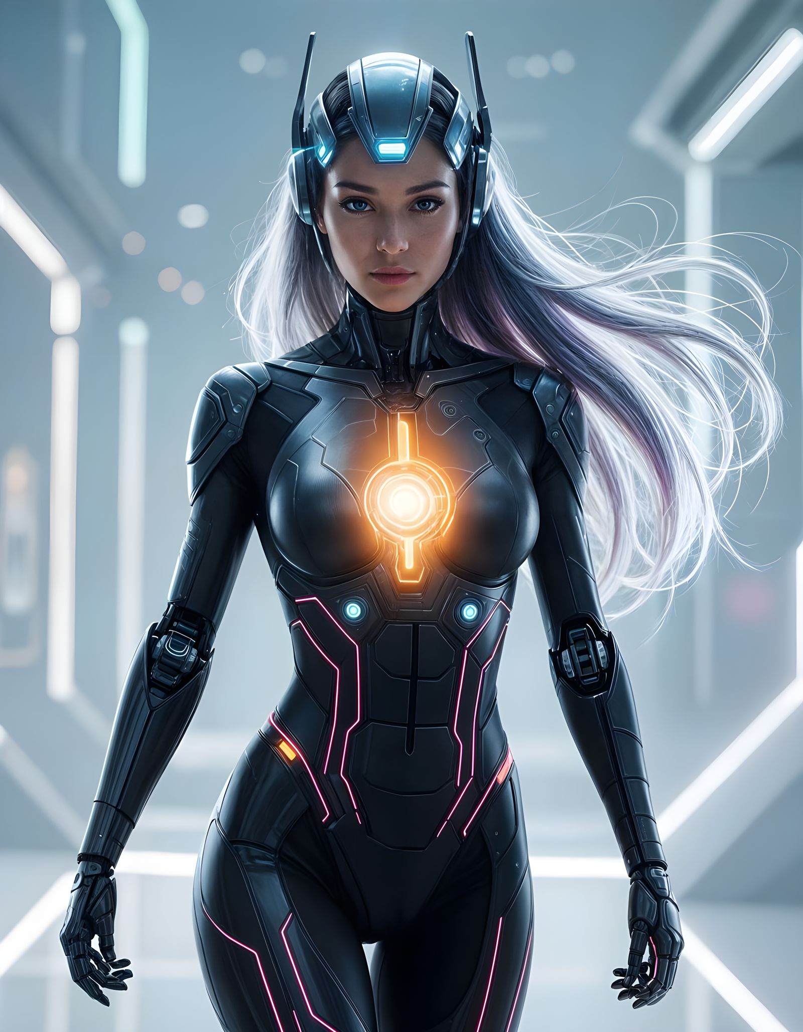 Futuristic Woman in High-Tech Bodysuit, Biomechanical Art