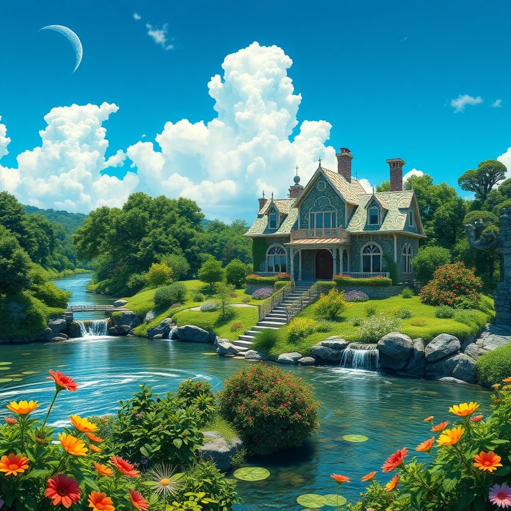 Riverside Home with Zentangle Art and Waterfalls