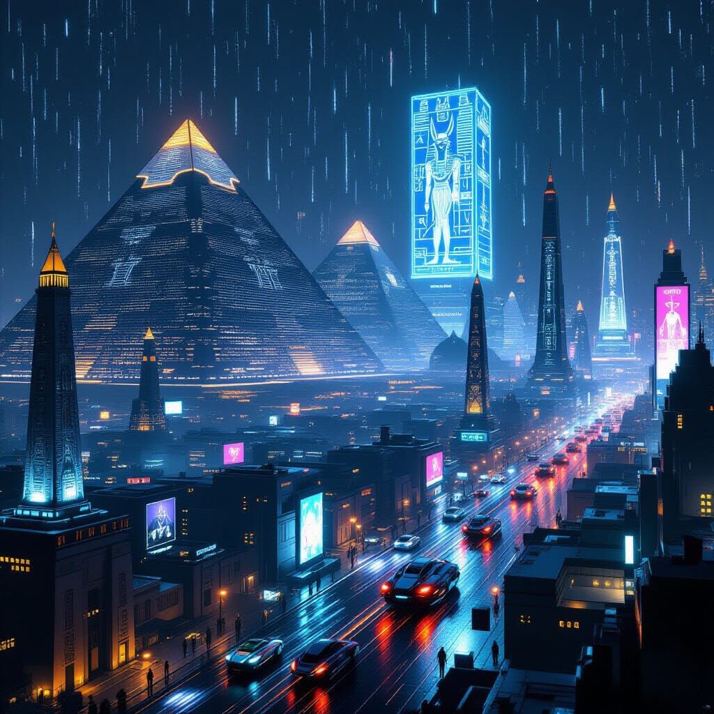 Cyberpunk Egyptian City Skyline at Night