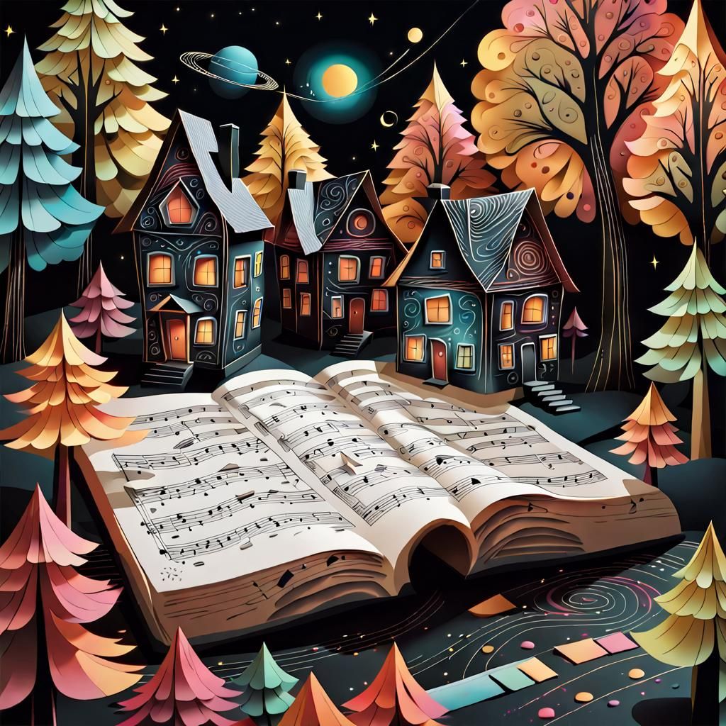 Cosmic Folk Art Paper Houses on Black