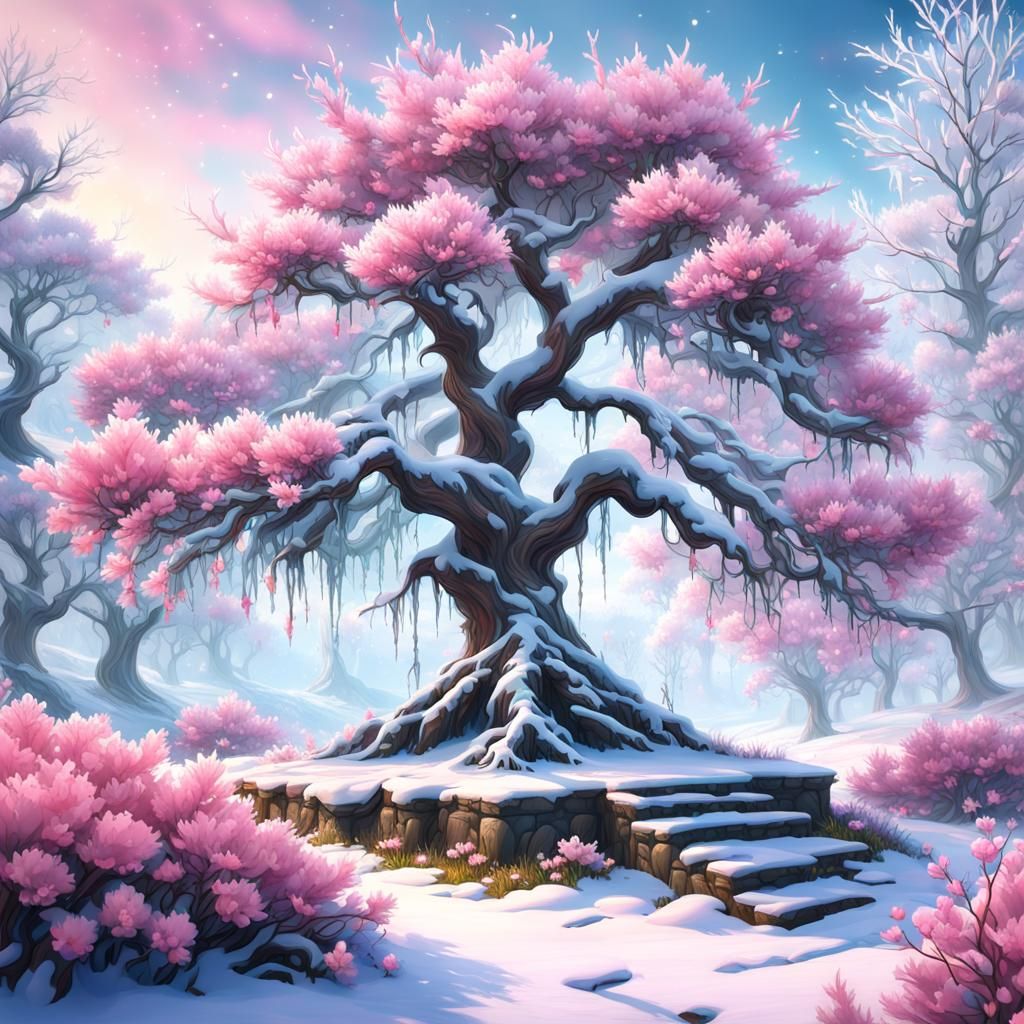 Half Winter, Half Spring Tree with Pink Flowers