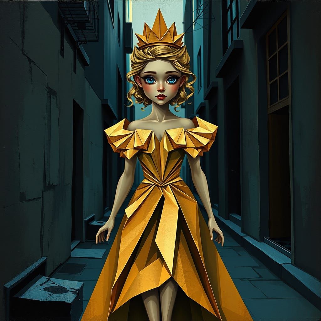 Paper Princess in Cubist Gold Origami Dress