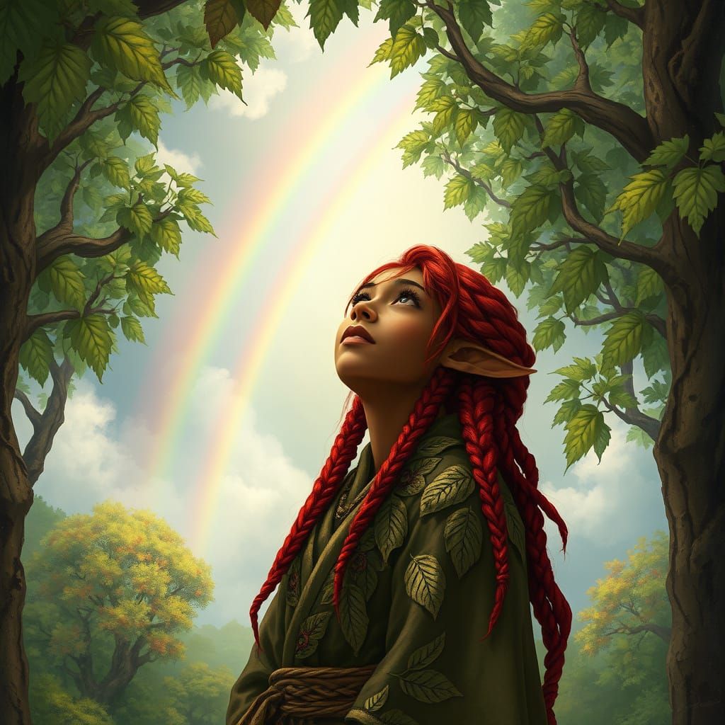 Elf Gazing at Rainbow in Lush Canopy