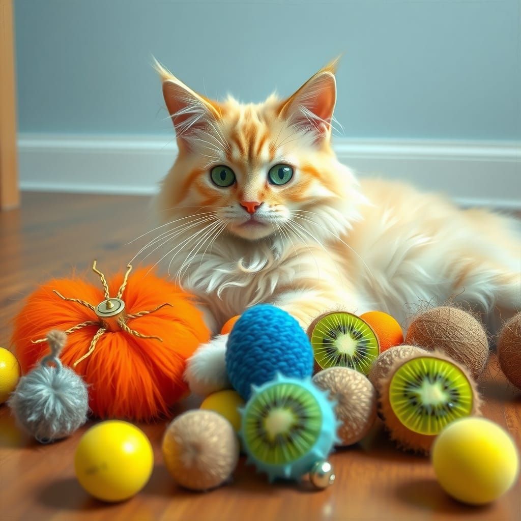 Cute Cream Kitty Playing with Balls and Kiwi