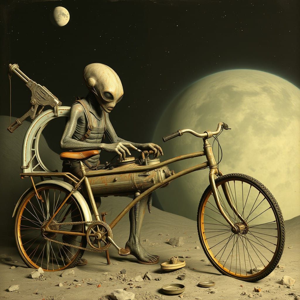 Alien Mechanic Repairs Starship in Sci-Fi Garage Scene