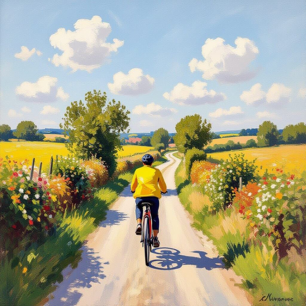 Cyclist on Country Road in Impressionist Style