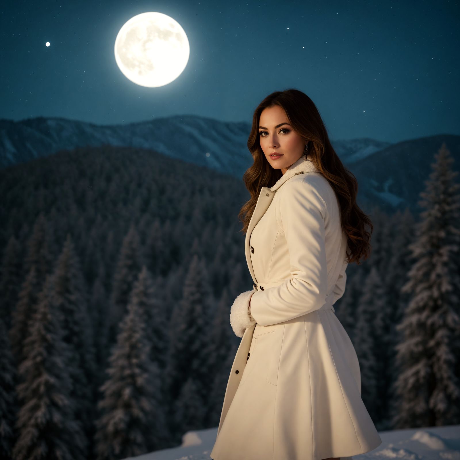 Elegant Woman Surveys Snowy Mountain Landscape Under Full Mo...