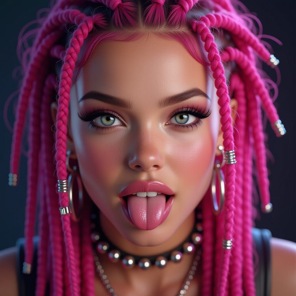 Hyperrealistic Close-Up of a Singer with Pink Dreadlocks