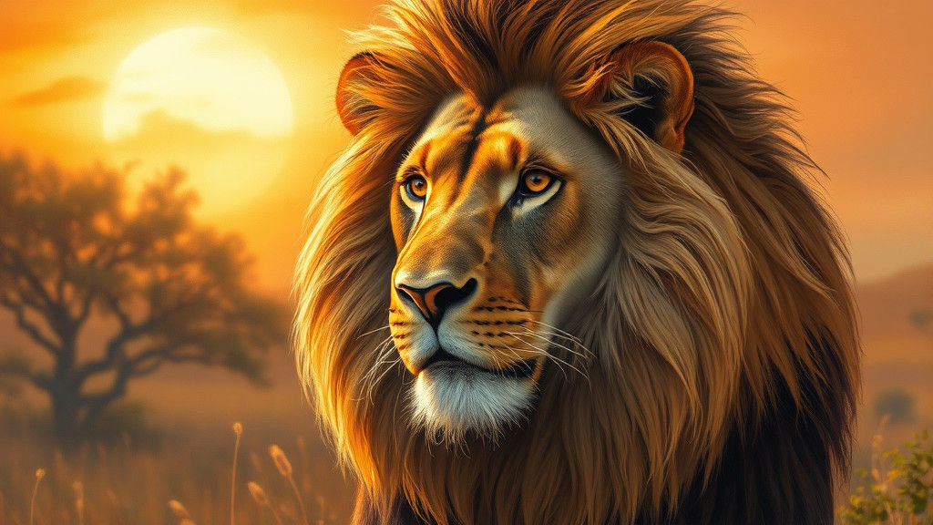 Regal Lion in Sun-Drenched Savannah, Oil Painting